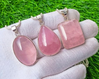 Rosenquarz-Halskette, Rosenquarz-Edelstein-Anhänger, 925 Sterlingsilber-Anhänger, Boho-Charme, Kristallhalskette-handgemachte Geschenke für sie, Mutter