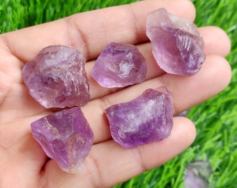 May include: Six raw amethyst crystals in various sizes and shapes, with a purple hue and some clear sections, displayed on a hand against a green background.