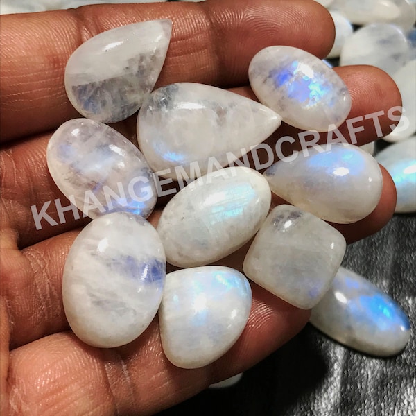 Natural Rainbow Moonstone Cabochon Blue Flashy Moonstone Gemstone, Moonstone Wholesale, White Rainbow Moonstone lot Mix Shape/Size by weight