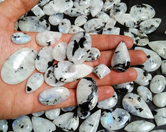 Rainbow Tourmaline Moonstone Cabochon, Moonstone With Black Gemstone Wholesale, Natural White Rainbow Moonstone lot Mix Shape/Size by weight