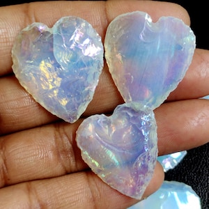 Angel Aura Quartz, Aura Opalite Hearts, Aura Crystal Heart, Rainbow Coated Opalite Heart, Metaphysical Titanium Aura Crystal for Jewelry