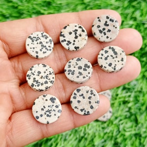Puede incluir: Ocho piedras redondas, lisas, de jaspe dalmata blanco y negro. Las piedras tienen un patrón moteado de manchas negras sobre un fondo blanco.