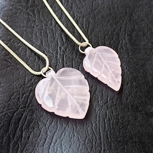 Rose Quartz Leaf Necklace, Rose Quartz Heart Pendants, Sterling Silver Necklace, Pendant Necklace, Chakra Necklace for women, Gifts For Her