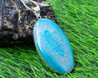 Blue Agate Pendant Necklace, Agate Gemstone Pendants, 925 Sterling Silver Pendant, Boho Charms, Crystal Necklace Handmade Gifts For Her, Mom