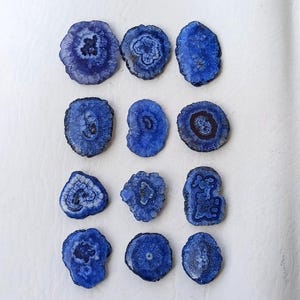 May include: Twelve blue agate slices with detailed patterns. Each slice has a dark blue border and a lighter blue centre, creating a contrast. The slices vary in shape and size, showing natural variations. Ideal for jewellery making or decorative use.