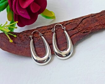 May include: A pair of silver hoop earrings with a rounded, oval shape. The earrings are displayed on a piece of driftwood.