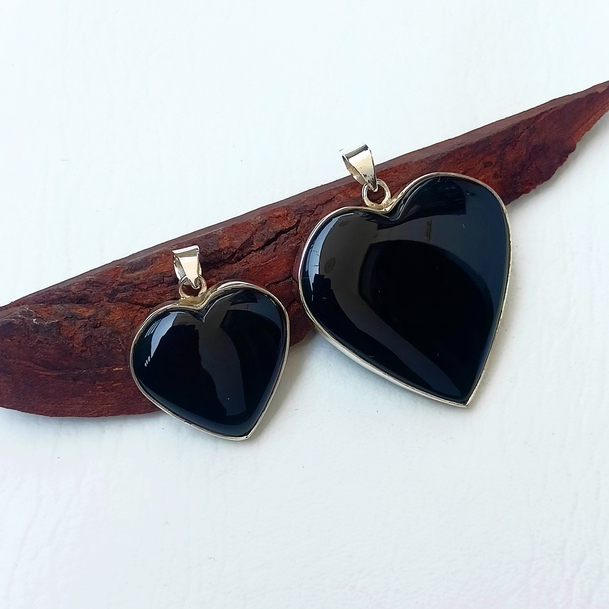 Black Onyx Heart Necklace, Onyx Heart Pendants, Sterling Silver