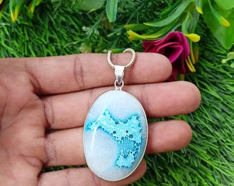 Blue Agate Pendant Necklace, Agate Gemstone Pendants, 925 Sterling Silver Pendant, Boho Charms, Crystal Necklace Handmade Gifts For Her, Mom