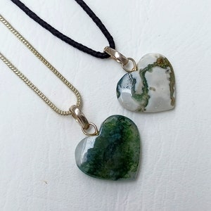 Moss Agate Heart Pendant: Sterling Silver Necklace, Handmade Jewelry