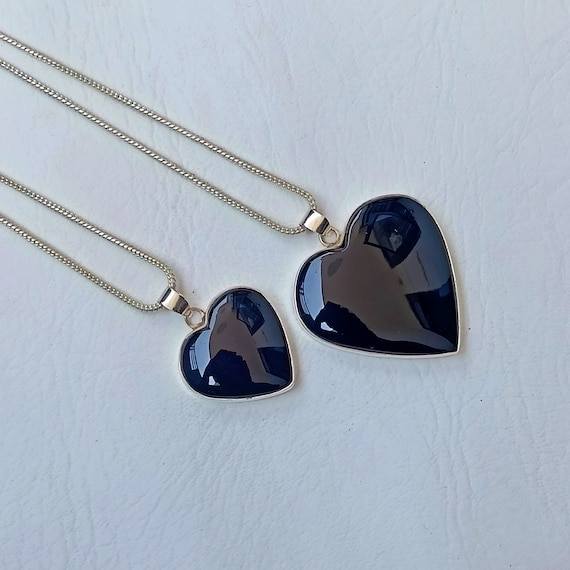 Black Onyx Heart Necklace, Onyx Heart Pendants, Sterling Silver