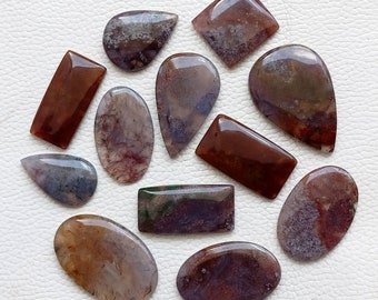 May include: Assortment of twelve agate cabochons in various shapes and sizes. The cabochons are a mix of brown, grey, and white with intricate patterns.