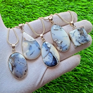 Dendritic Opal Pendant Necklace, Dendrite Pendants, Sterling Silver Pendant, Boho Charms, Crystal Necklace Handmade Gifts For Her, Gifts Mom