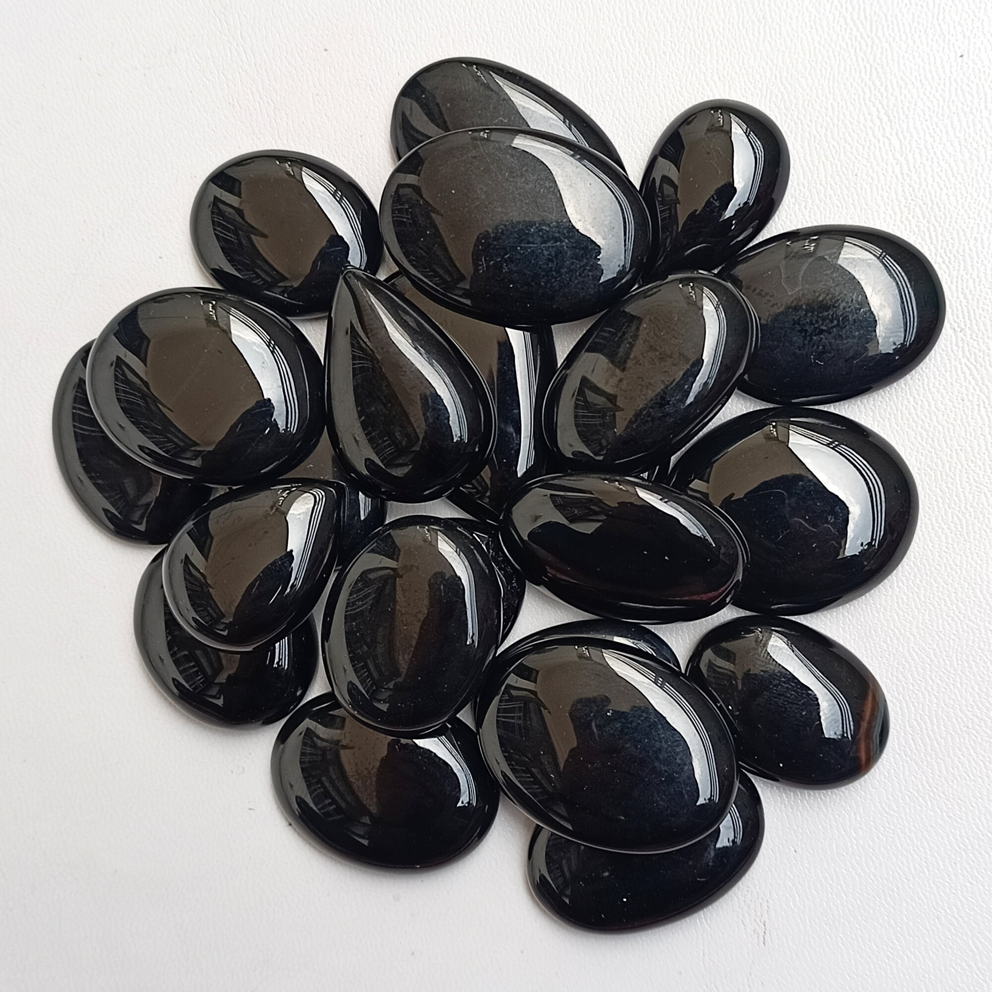 2 Natural Black Onyx Gemstone Cabochons – Oval 19x12mm – Vintage Flat Top