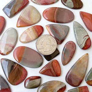 Può includere: Una collezione di 17 cabochon di agata lucidi, naturali, rossi, marroni e grigi. I cabochon sono di varie forme e dimensioni, alcuni sono ovali, a forma di lacrima e triangolari. È inclusa una moneta da un quarto di dollaro americano per la scala.