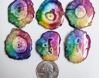 Rainbow Solar Agate Druzy, SOLAR Quartz, Solar DRUZY Cabs, Rainbow Dyed Druzy wholesale lot Mix Size Agate Druzy Pendants, Rings Jewelry