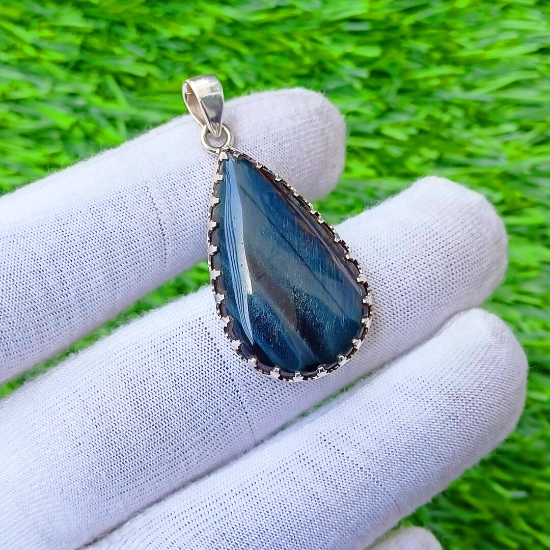 Blue Tiger Eye Pendant, 925 Sterling Silver Pendant Necklace, Gemstone