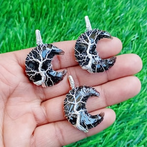 Labradorite Moon Pendant: Silver Wire Tree of Life Jewelry