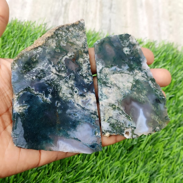 Natural Moss Agate Stone Slice, Moss Agate Crystal Slab, Moss Agate Flat Stone for Crafting, Decor, Jewelry Making Unpolished