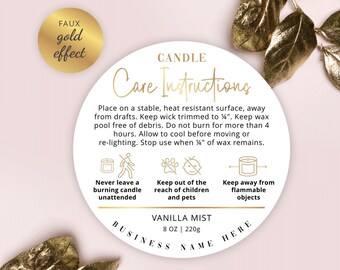 Candle Warning Circle Label Template, Customizable Candle Safety Sticker 1.5" 2" 3" Round, Faux Gold Candles Safety Instructions, GF-01