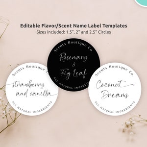 Chic Scent Name Round Labels, Elegant Product Flavor Name Template, Editable Wedding Circle Stickers 1.5&quot;, 2&quot;, 2.5&quot;, Black & White M-004