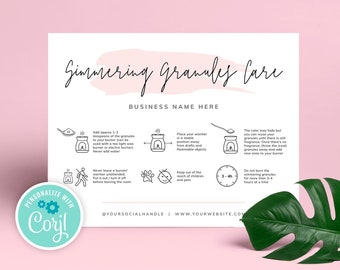 May include: A white and pink illustrated guide with instructions on how to use simmering granules. The guide includes icons and text that says "Simmering Granules Care", "Business Name Here", "Personalize with Coril", "@YourSocialHandle", "www.yourwebsite.com", and "3-4h".