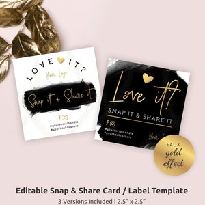 Tarjetas editables para compartir, pegatinas imprimibles para redes sociales, plantilla "Me encanta" en negro y dorado, instantáneas, BW-001
