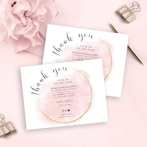 Plantilla editable de agradecimiento por pedido, tarjetas de agradecimiento para empresas, plantilla femenina de agradecimiento por compra, rosa y dorado, descarga digital
