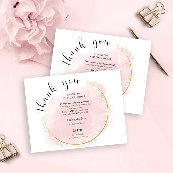 Editable Thank You for Order Template, DIY Business Thank Cards, Feminine Thank you for purchase template, Pink & Gold, Digital Download