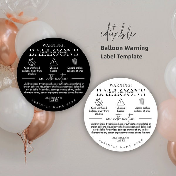 Balloons Warning Label Template, Editable Choking Hazard Sticker, 1.5" 2" 3" Round Balloon Safety Instructions Labels Printable, M-002