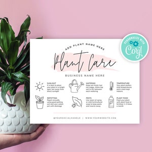 Plantilla de tarjeta para el cuidado de plantas, Guía editable para el cuidado de plantas de interior, Instrucciones imprimibles para el cuidado de plantas en maceta, Nota de cuidado para jardinería femenina, PW-001