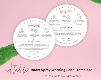 Room Spray Warning Label Template, Editable Spray Bottle Safety Round Labels 1.5" 2" and 3", Printable Air Mist Warning Sticker, PW-001