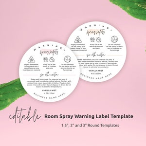 Room Spray Warning Label Template, Editable Spray Bottle Safety Round Labels 1.5&quot; 2&quot; and 3&quot;, Printable Air Mist Warning Sticker, PW-001