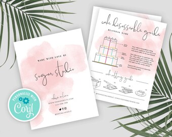 Printable Cake Serving Guide Template, Editable Wedding Cake Disassemble Instructions, Pink Watercolor Cake Care Card, Instant Download WS01