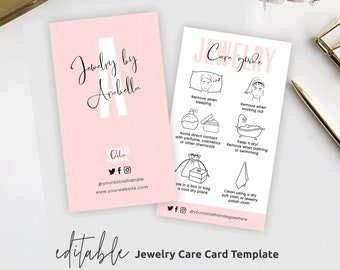 Plantilla de tarjeta para el cuidado de joyas, guía editable para el cuidado de joyas, instrucciones imprimibles para el cuidado de aretes, tarjeta para el cuidado de collares (8,9 x 5 cm), instantánea, P01