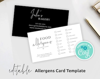 Plantilla editable de alérgenos, diseño minimalista de tarjetas de alergias alimentarias, formulario imprimible de lista de alérgenos para panadería, descarga instantánea, M-002