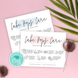 Bewerkbare onderhoudskaart cake pops, afdrukbare sjabloon onderhoudsinstructies cake pops, onderhoudsgids roze aquarel cake lollies, instant, PW-001