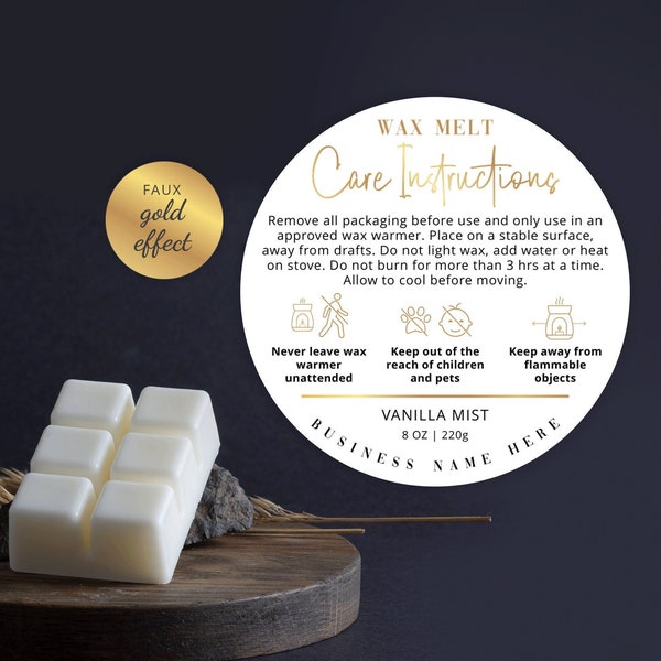 Editable Wax Melts Warning Label Template 1.5" 2" 3" Circle, Wax Cubes Safety Sticker, DIY Wax Tarts Care Instructions, White & Gold GF-01