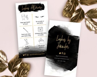 Instrucciones para el cuidado posterior de las pestañas, Tarjeta para el cuidado de las extensiones de pestañas, Plantilla editable para el cuidado de las pestañas, Negro y dorado, Nota para el cuidado de las pestañas DIY, BW-001