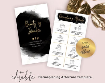 Dermaplaning Care Card Template, Facial Exfoliation Treatment Aftercare Cards, Printable Esthetician Care Instructions, Black & Gold, BW-001