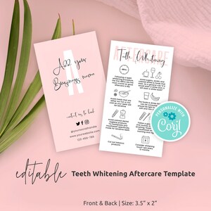 Modèle de soin après blanchiment des dents, carte modifiable de soin de blanchiment des dents, guide d'entretien pour le traitement des dents imprimable, note d'entretien instantané, rose, P01