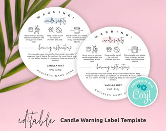 Candle Warning Label Template, Editable Candle Safety Labels, Round Warning Label 1.5" 2" and 3", Printable Candles Warning Sticker, PW-001