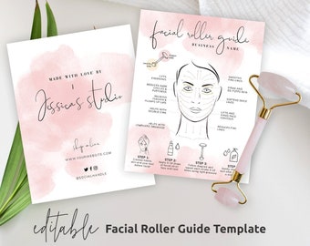 Facial Roller Guide Template, Custom Jade Stone Roller Care Card, Afdrukbare Rose Quartz Roller Massage Diagram, Beauty Aftercare Note, WS01