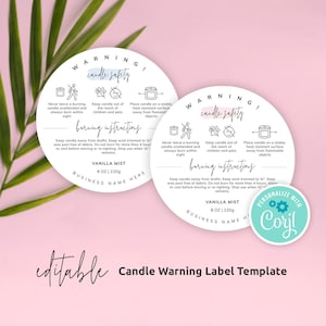 Candle Warning Label Template, Editable Candle Safety Labels, Round Warning Label 1.5&quot; 2&quot; and 3&quot;, Printable Candles Warning Sticker, PW-001