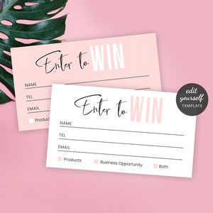 Modèle féminin « Participez pour gagner », billet de tombola modifiable rose poudré et blanc, jeton de tirage au sort d'entreprise imprimable, carte de participation à la tombola P01