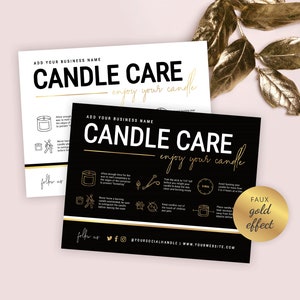Tarjeta de cuidado de velas personalizada, instrucciones editables, advertencia para velas con efecto dorado, tarjeta de cuidado imprimible, descarga instantánea GL01