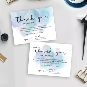 Plantilla de tarjeta de agradecimiento empresarial, tarjetas de agradecimiento DIY, tarjetas de agradecimiento personalizables, insertos para paquetes, acuarela azul, Corjl