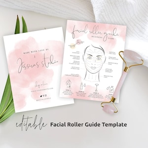 Op de afbeelding: Een roze en witte aquarel achtergrond met de tekst "Made with Love by Jessica's Studio" en een link naar hun website. Een aparte kaart met een zwart-witte illustratie van een gezicht met pijlen die de richting aangeven om een gezichtsroller te rollen. De tekst "Facial Roller Guide" staat onderaan de kaart.