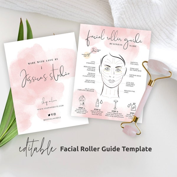 Facial Roller Guide Template, Custom Jade Stone Roller Care Card, Printable Rose Quartz Roller Massage Diagram, Beauty Aftercare Note, WS01