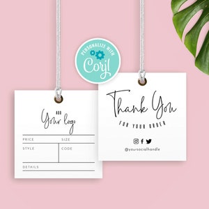 Plantilla de etiqueta colgante personalizada, etiquetas colgantes editables, hechas a mano con amor y agradecimiento, diseño minimalista con tabla de tallas, etiquetas de precio imprimibles, MH01