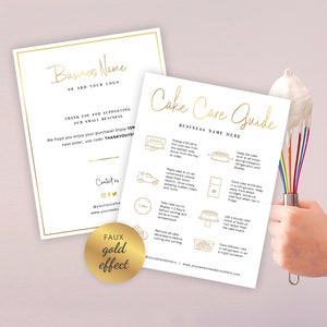 Tarjeta editable para el cuidado de tartas, plantilla para el cuidado de tartas con efecto dorado, guía imprimible para el cuidado de tartas de boda, instrucciones para el transporte de tartas, acceso instantáneo, GF-01